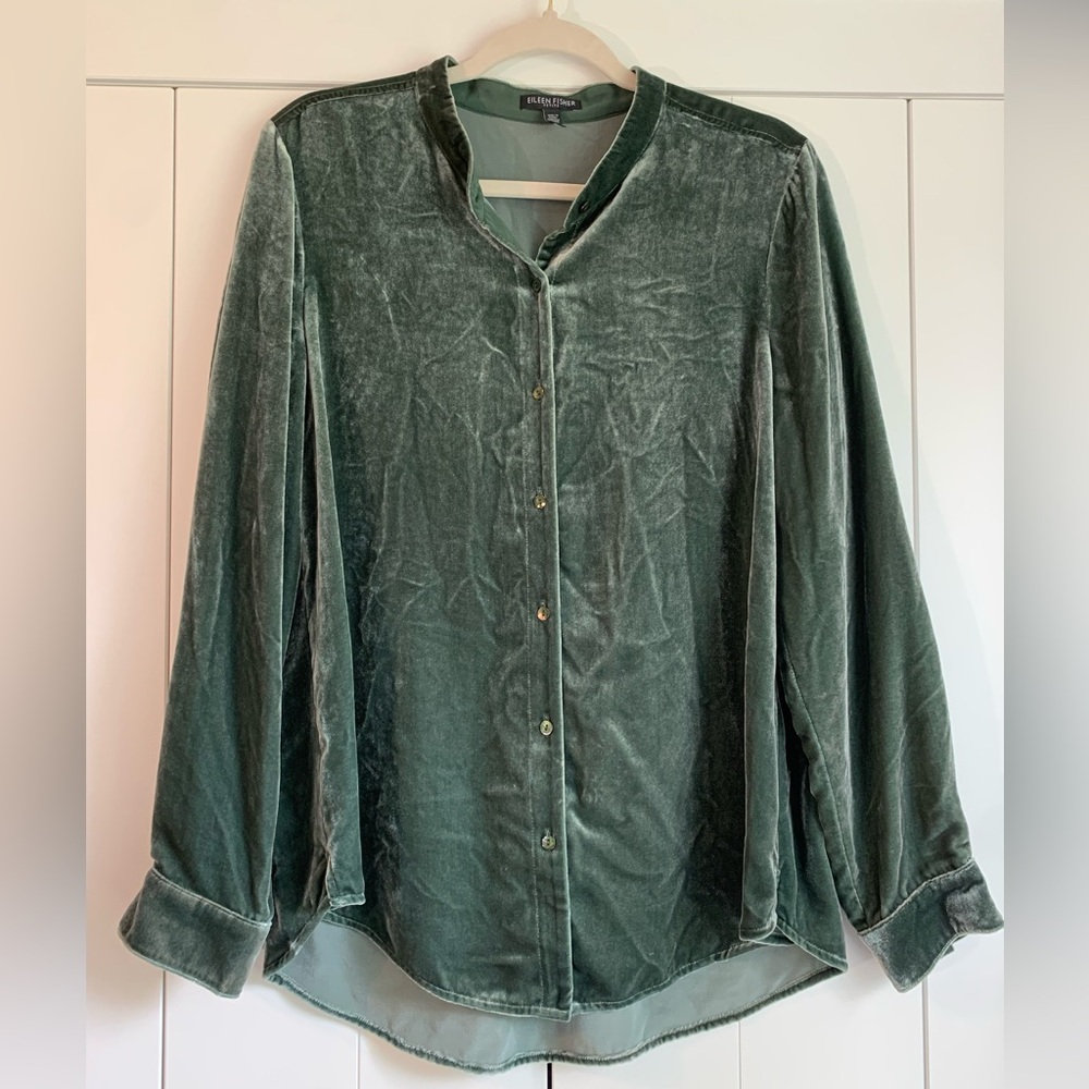 Eileen Fisher Velvet Band Collar Long Shirt‎ Green Size LP Large Petite